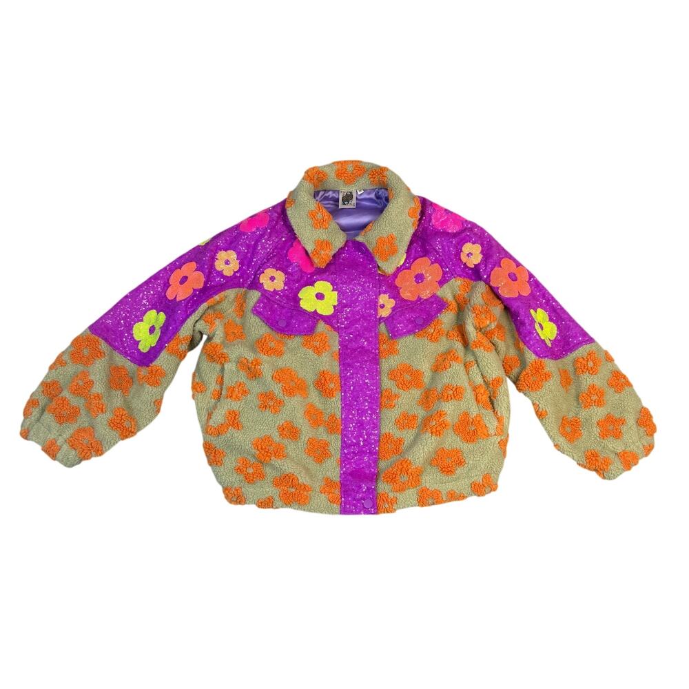Queen of Sparkles Neon Purple Sequin Flower Sherpa Jacket Women's Med Oversized